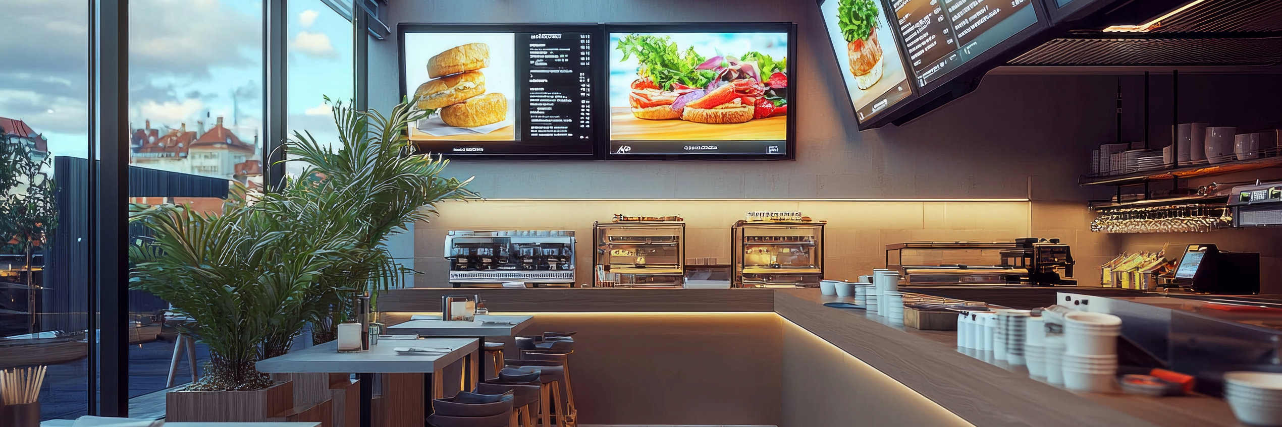 Blank mock up for menu board display screen, for restaurant cafe food business. Warm cozy atmosphere